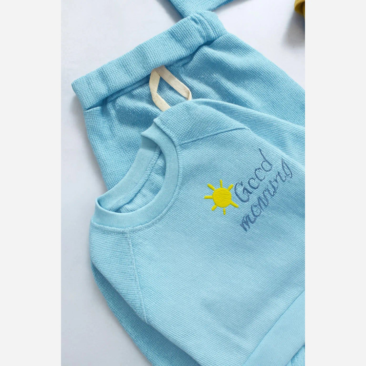 ست بلوز شلوار و کلاه نوزادی طرح Good Morning جنس پنبه بیسکوئیتی با کیفیت