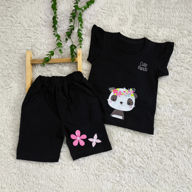 تاپ شلوارک مشکی طرح پاندا دخترانه نخی خنک تابستانی مناسب 1 تا 3 سال