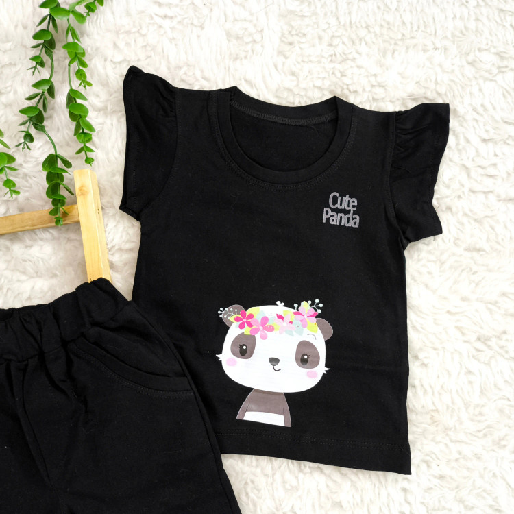 تاپ شلوارک مشکی طرح پاندا دخترانه نخی خنک تابستانی مناسب 1 تا 3 سال