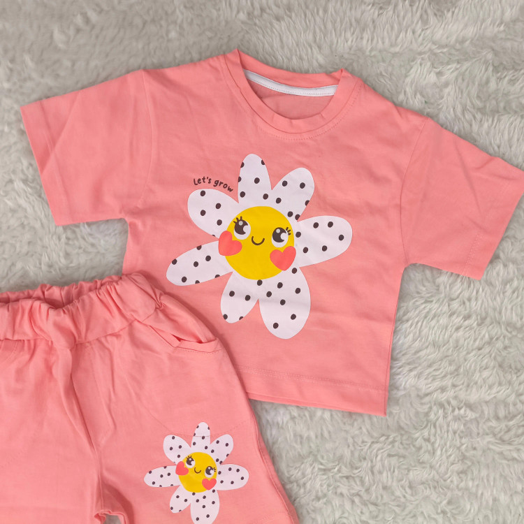 ست تیشرت و شورتک نخی طرح بابونه دخترانه و پسرانه خندان