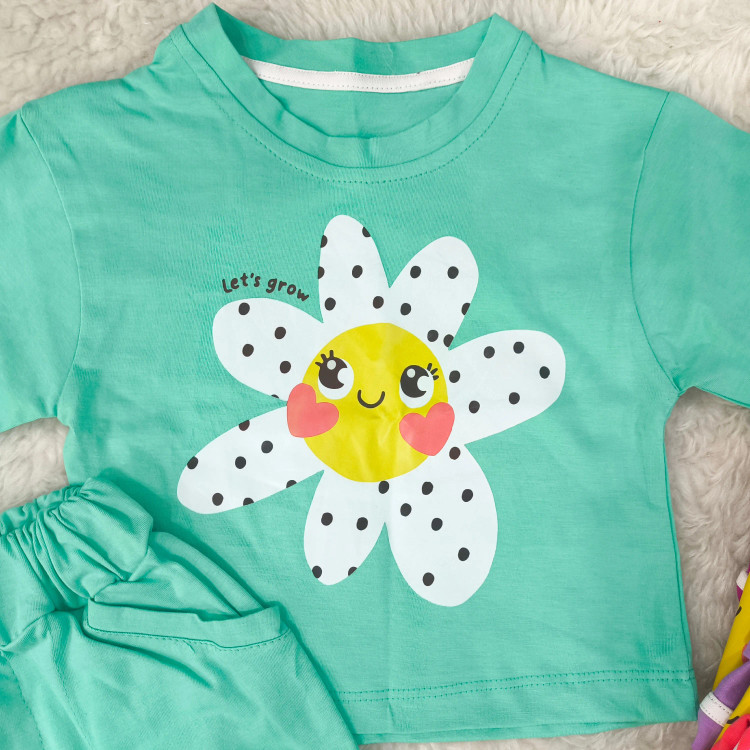 ست تیشرت و شورتک نخی طرح بابونه دخترانه و پسرانه خندان