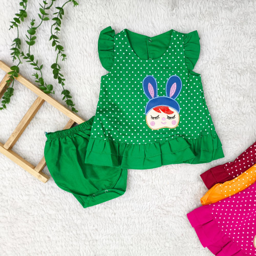 ست سارافون و شورت نوزادی دخترانه طرح خال خالی خرگوشی | کتان نخ خنک