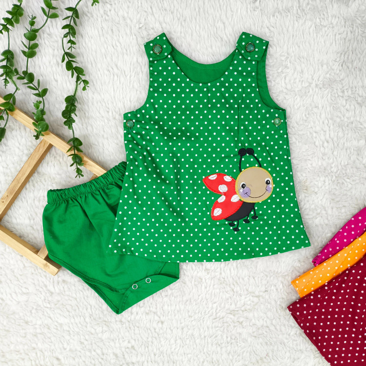 سارافون و شورت نوزادی طرح کفشدوزک خال خالی - جنس کتان نخ خنک و لطیف