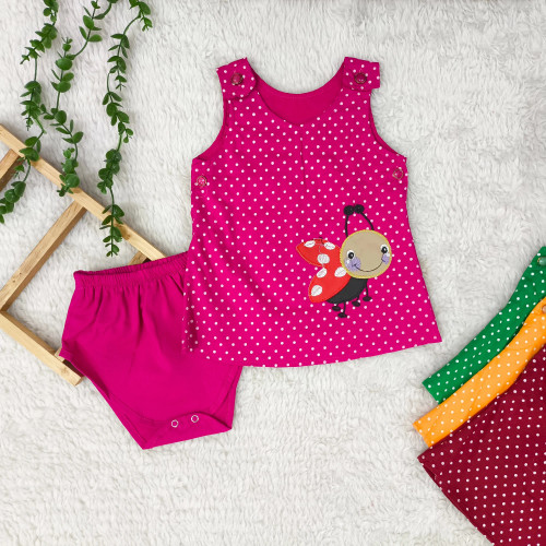 سارافون و شورت نوزادی طرح کفشدوزک خال خالی - جنس کتان نخ خنک و لطیف