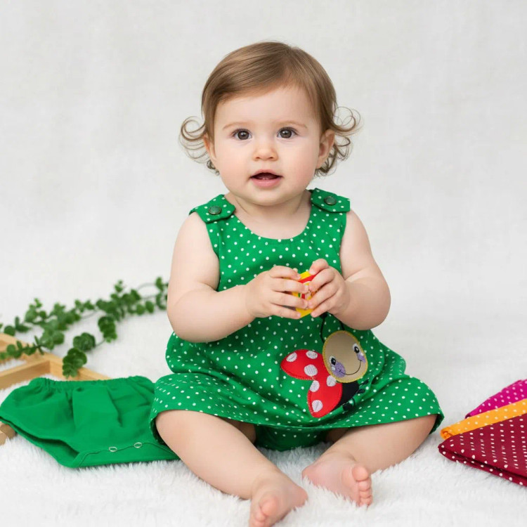 سارافون و شورت نوزادی طرح کفشدوزک خال خالی - جنس کتان نخ خنک و لطیف