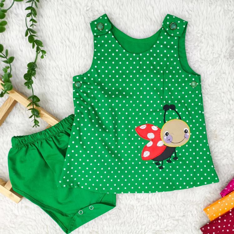 سارافون و شورت نوزادی طرح کفشدوزک خال خالی - جنس کتان نخ خنک و لطیف