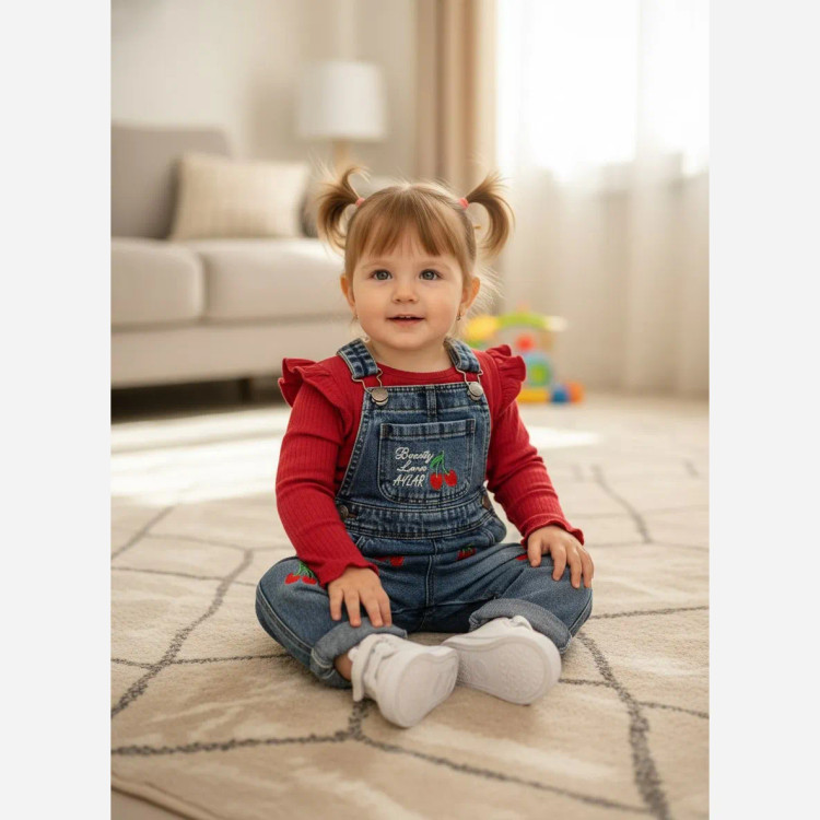 بیلر جین گلدوزی آلبالو نوزادی دخترانه عیدانه پیشبندی لی