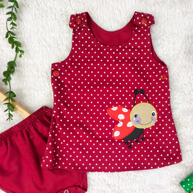 سارافون و شورت نوزادی طرح کفشدوزک خال خالی - جنس کتان نخ خنک و لطیف