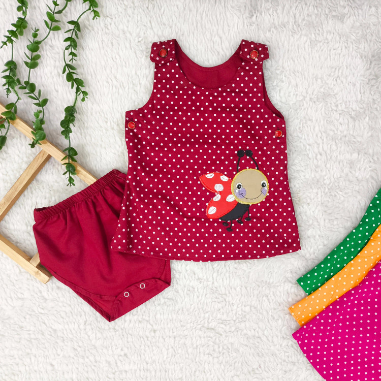 سارافون و شورت نوزادی طرح کفشدوزک خال خالی - جنس کتان نخ خنک و لطیف