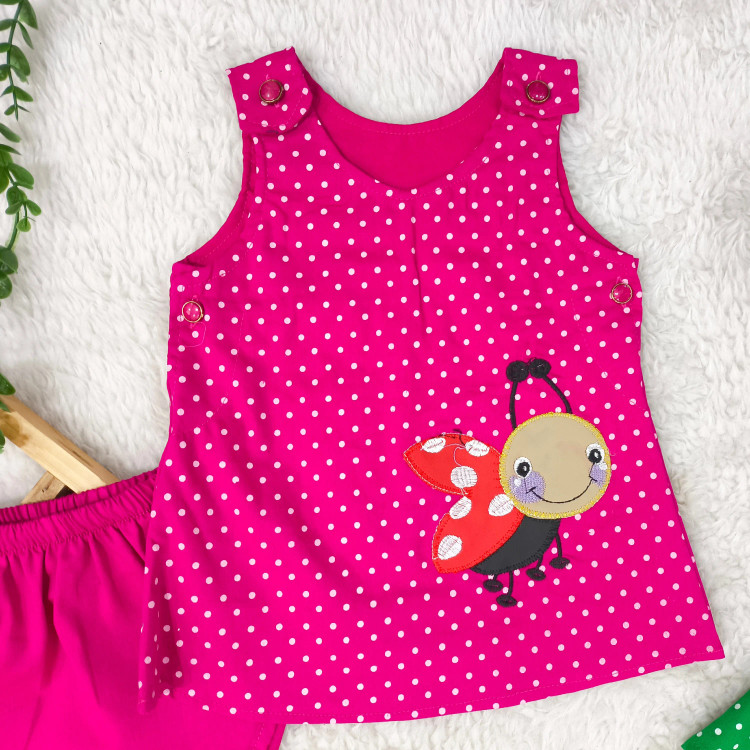 سارافون و شورت نوزادی طرح کفشدوزک خال خالی - جنس کتان نخ خنک و لطیف