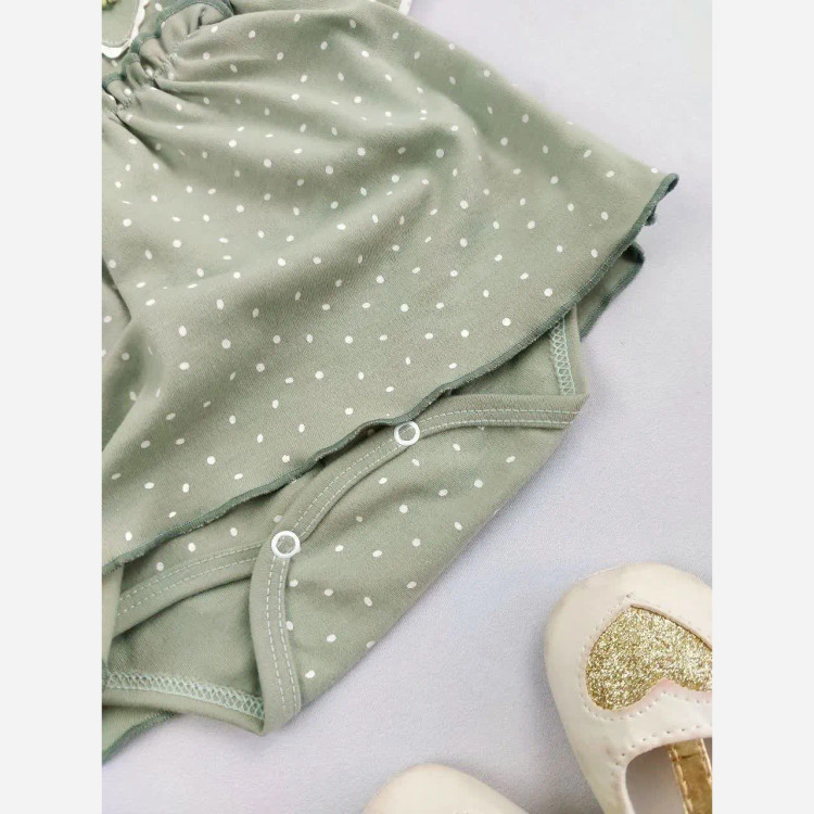 بادی دامنی دخترانه سبز خالدار نوزادی | لباس راحتی و مجلسی | 6 تا 24 ماه