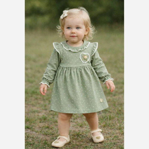 بادی دامنی دخترانه سبز خالدار نوزادی | لباس راحتی و مجلسی | 6 تا 24 ماه