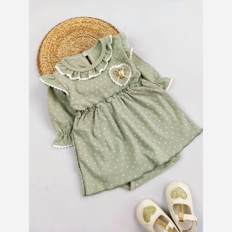 بادی دامنی دخترانه سبز خالدار نوزادی | لباس راحتی و مجلسی | 6 تا 24 ماه