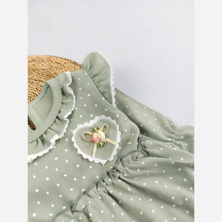 بادی دامنی دخترانه سبز خالدار نوزادی | لباس راحتی و مجلسی | 6 تا 24 ماه