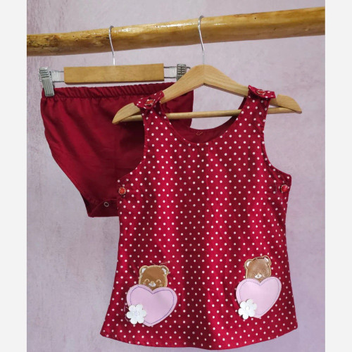 ست سارافون و شورت نوزادی دخترانه طرح خرس و قلب | کتان نخ خنک