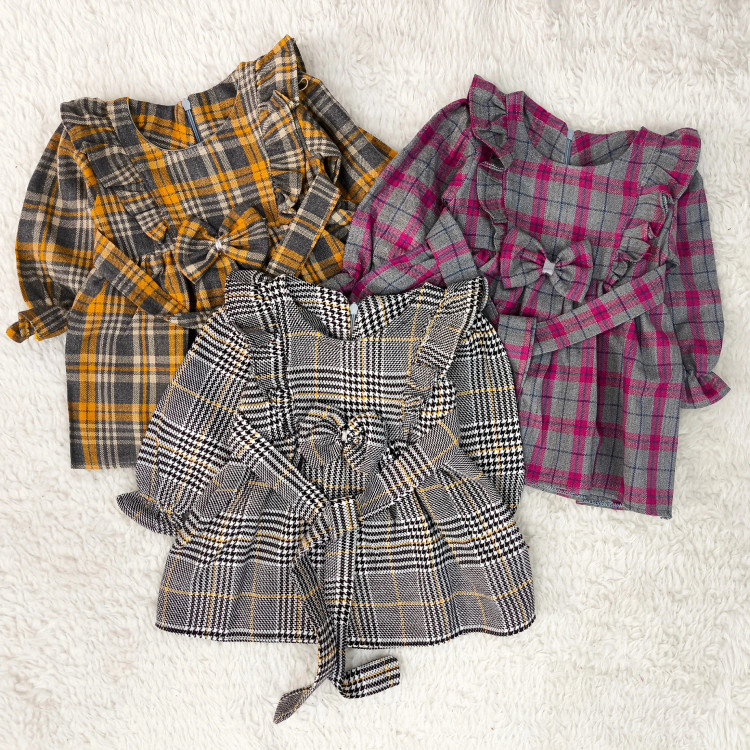 پیراهن کشمیر چهارخانه دخترانه پاپیونی مناسب 1 تا 4 سال