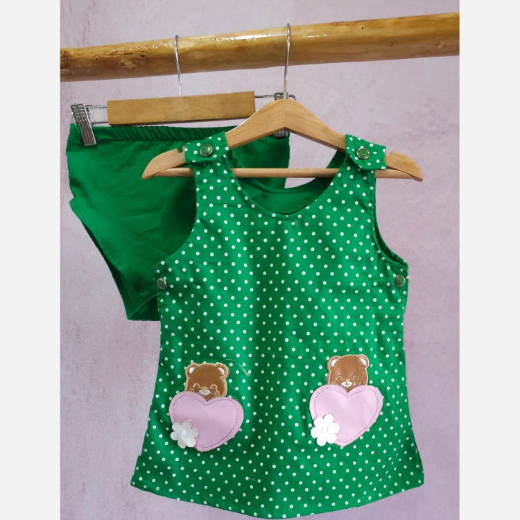 ست سارافون و شورت نوزادی دخترانه طرح خرس و قلب | کتان نخ خنک