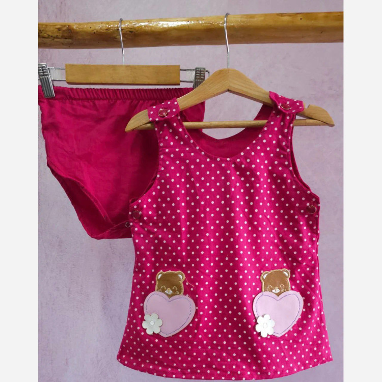 ست سارافون و شورت نوزادی دخترانه طرح خرس و قلب | کتان نخ خنک