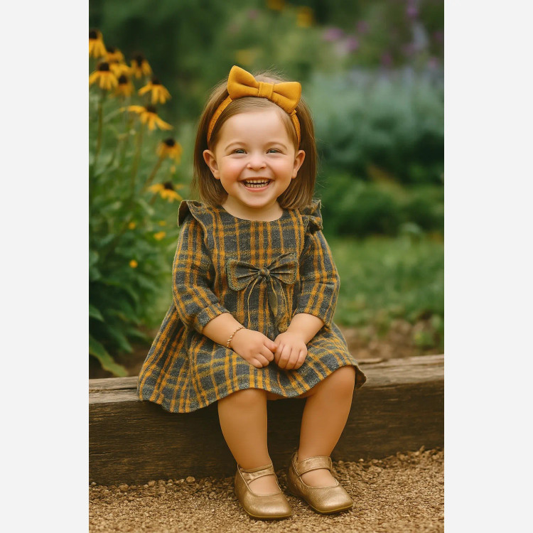 پیراهن کشمیر چهارخانه دخترانه پاپیونی مناسب 1 تا 4 سال