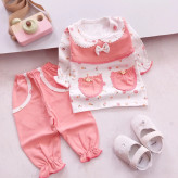 بلوز شلوار دخترانه گلبهی طرح دار نخی | مناسب 3 ماه تا 3 سال