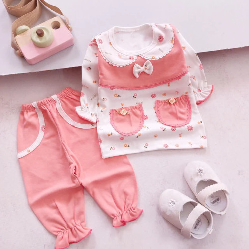 بلوز شلوار دخترانه گلبهی طرح دار نخی | مناسب 3 ماه تا 3 سال