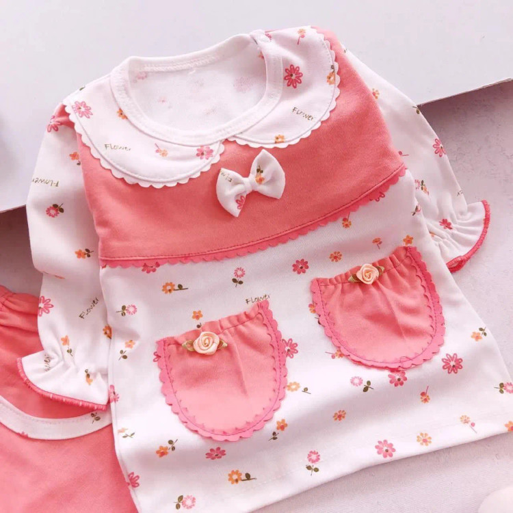 بلوز شلوار دخترانه گلبهی طرح دار نخی | مناسب 3 ماه تا 3 سال