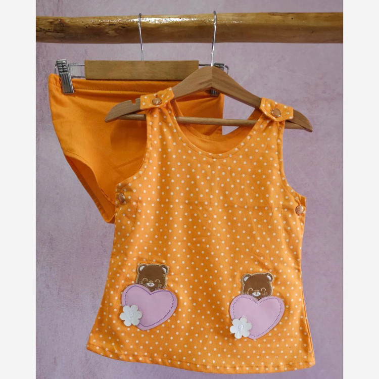 ست سارافون و شورت نوزادی دخترانه طرح خرس و قلب | کتان نخ خنک