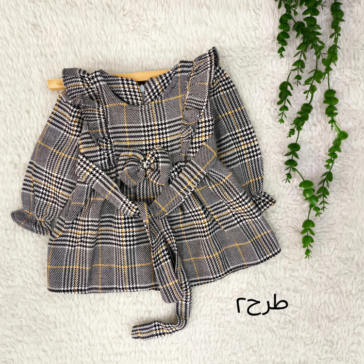 پیراهن کشمیر چهارخانه دخترانه پاپیونی مناسب 1 تا 4 سال