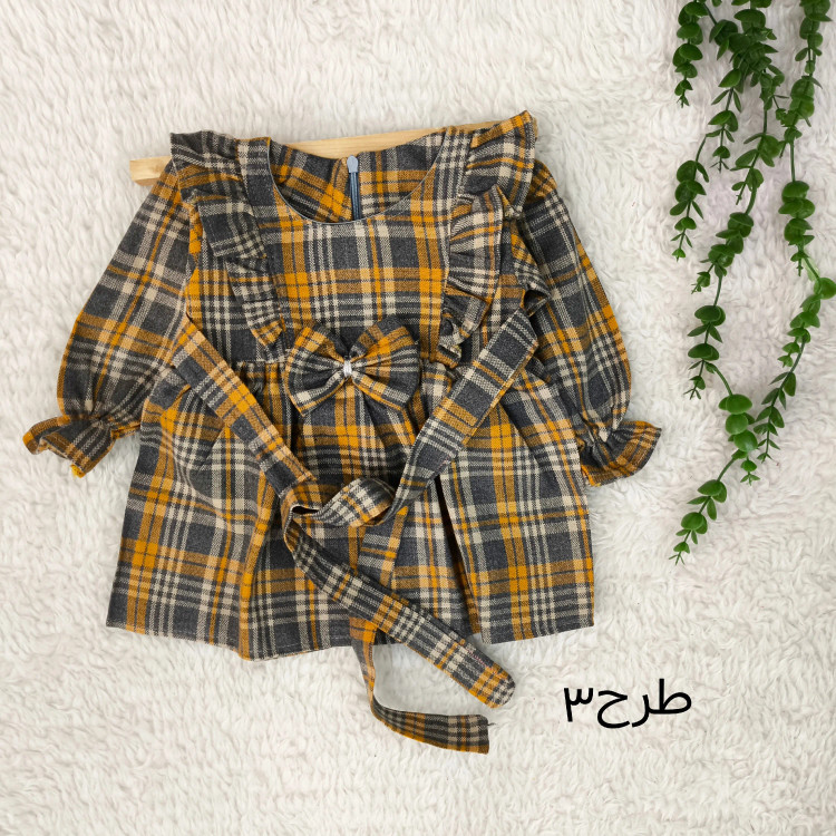 پیراهن کشمیر چهارخانه دخترانه پاپیونی مناسب 1 تا 4 سال