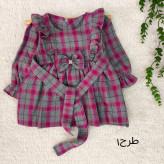 پیراهن کشمیر چهارخانه دخترانه پاپیونی مناسب 1 تا 4 سال