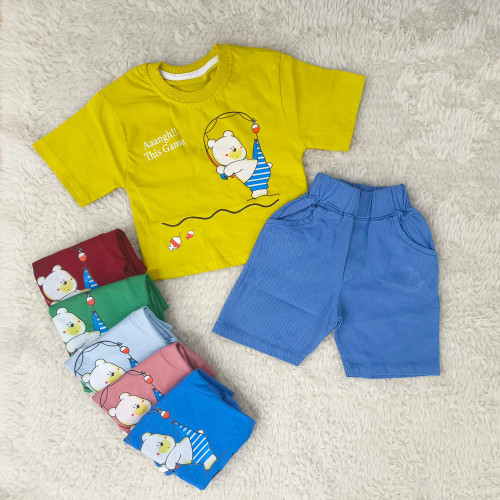 ست تیشرت و شورت پسرانه طرح خرس ماهیگیر | لباس راحتی کودک | پنبه سوپر و کتان