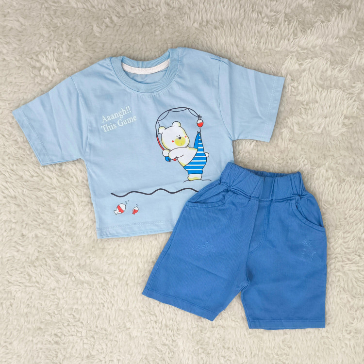 ست تیشرت و شورت پسرانه طرح خرس ماهیگیر | لباس راحتی کودک | پنبه سوپر و کتان