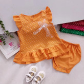 سارافون و شورت نوزادی دخترانه طرح خال خالی جنس کتان نخ درجه یک