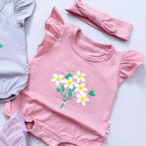 رامپر نوزادی دخترانه طرح گل با هدبند، لباس بهاره پنبه ای سایز 0 تا 8 ماه