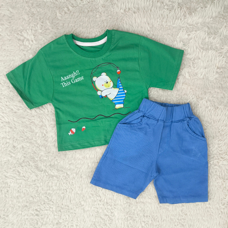 ست تیشرت و شورت پسرانه طرح خرس ماهیگیر | لباس راحتی کودک | پنبه سوپر و کتان