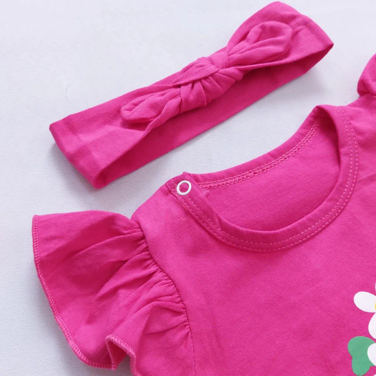 رامپر نوزادی دخترانه طرح گل با هدبند، لباس بهاره پنبه ای سایز 0 تا 8 ماه