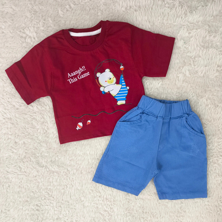 ست تیشرت و شورت پسرانه طرح خرس ماهیگیر | لباس راحتی کودک | پنبه سوپر و کتان
