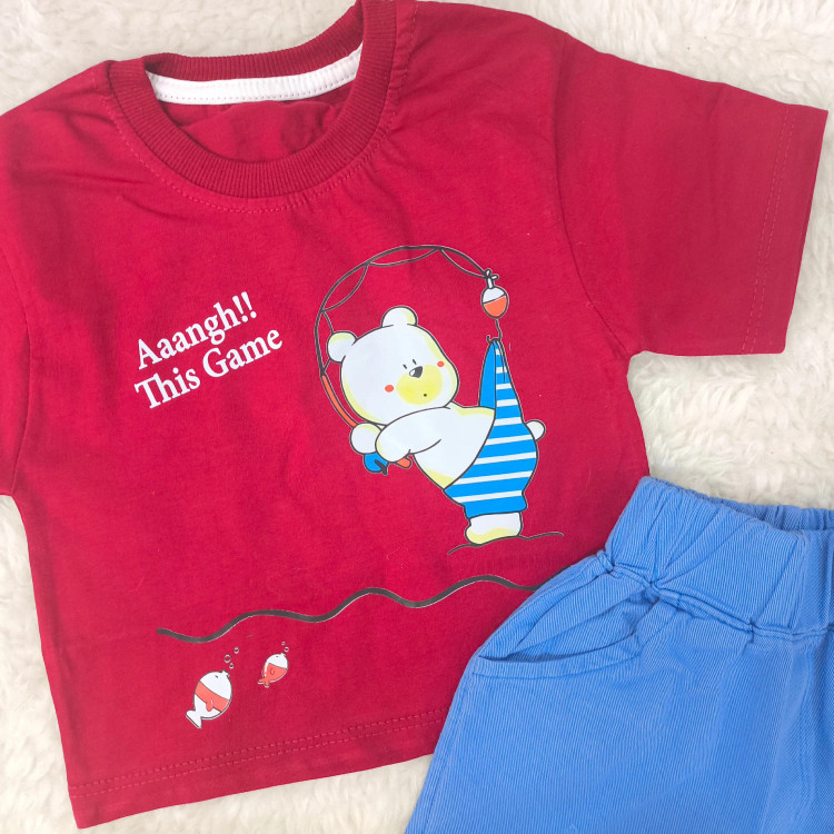 ست تیشرت و شورت پسرانه طرح خرس ماهیگیر | لباس راحتی کودک | پنبه سوپر و کتان