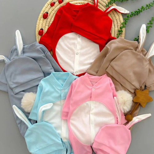 سرهمی و کلاه نوزادی طرح خرگوشی پوم دار | مناسب عکاسی نوزاد و ماهگرد