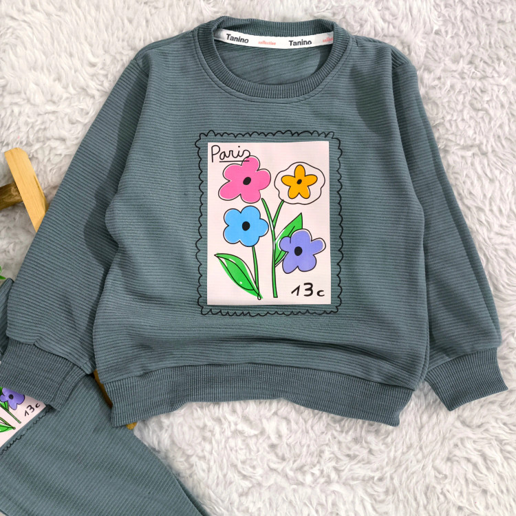 بلوز شلوار دخترانه طرح گل پاریس جنس پنبه نرم و لطیف مناسب 2 تا 4 سال