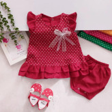 سارافون و شورت نوزادی دخترانه طرح خال خالی جنس کتان نخ درجه یک