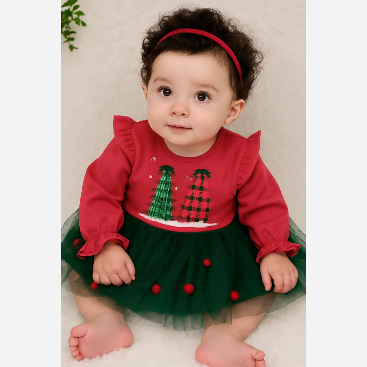 پیراهن دخترانه کریسمس طرح درخت، لباس مجلسی یلدا و کریسمس مناسب 6 ماه تا 3 سال