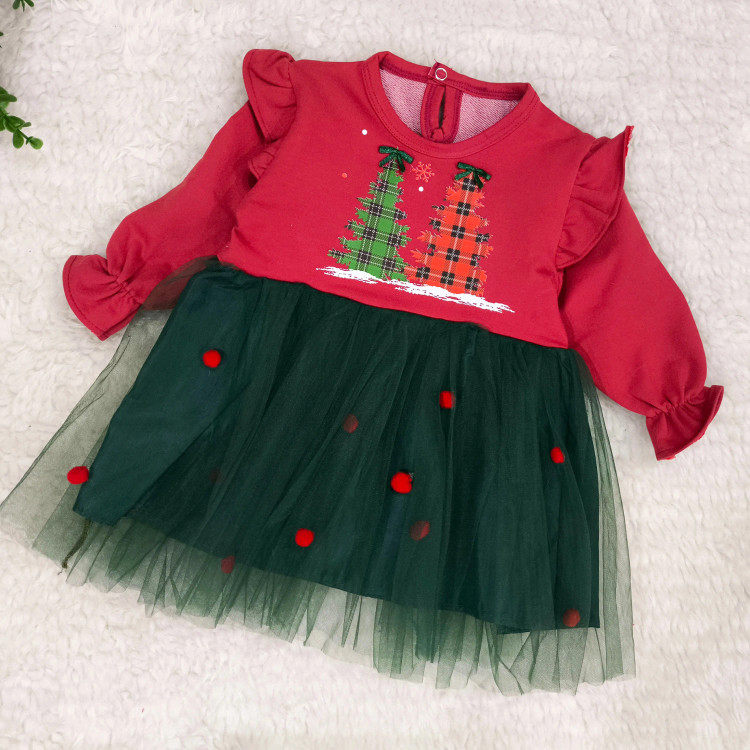 پیراهن دخترانه کریسمس طرح درخت، لباس مجلسی یلدا و کریسمس مناسب 6 ماه تا 3 سال