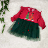 پیراهن دخترانه کریسمس طرح درخت، لباس مجلسی یلدا و کریسمس مناسب 6 ماه تا 3 سال