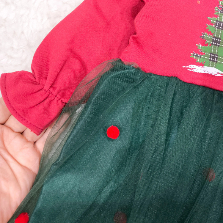 پیراهن دخترانه کریسمس طرح درخت، لباس مجلسی یلدا و کریسمس مناسب 6 ماه تا 3 سال