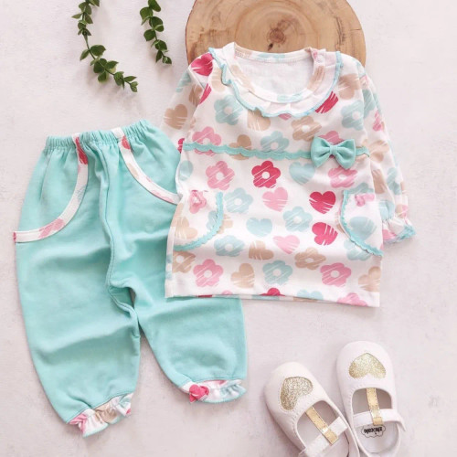 بلوز شلوار نوزادی طرح شکوفه و قلب | لباس راحتی دخترانه پنبه ای