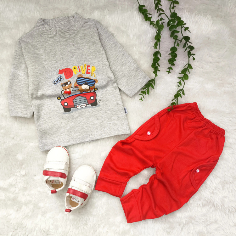 بلوز شلوار پسرانه طرح خرس راننده آستین بلند پنبه ای نخی مناسب 6 ماه تا 2 سال