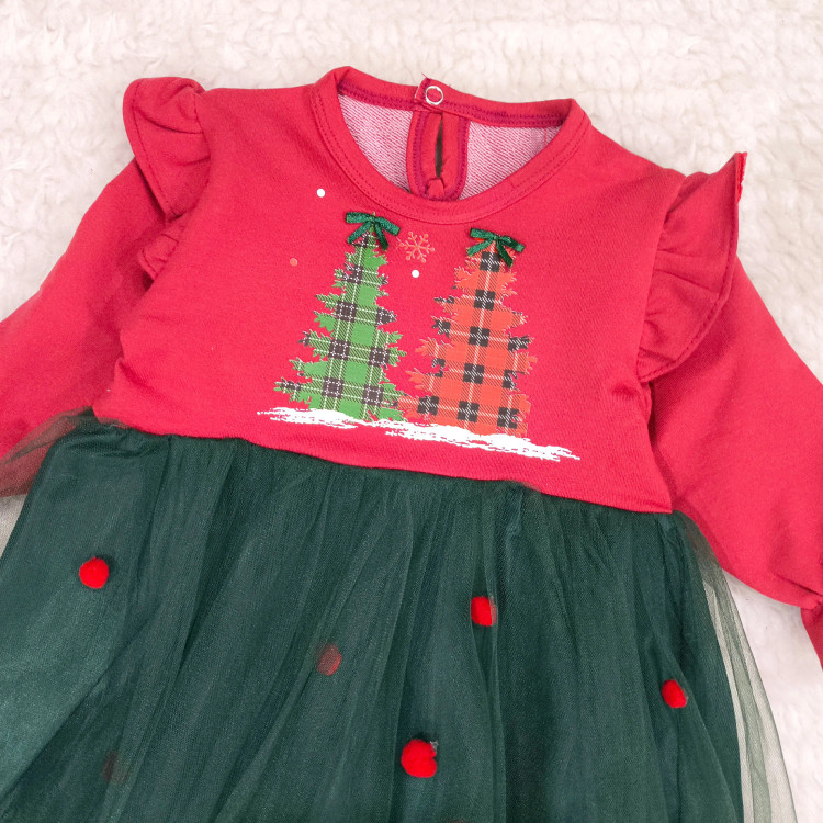 پیراهن دخترانه کریسمس طرح درخت، لباس مجلسی یلدا و کریسمس مناسب 6 ماه تا 3 سال