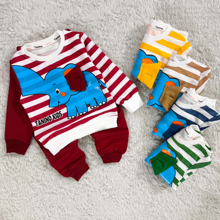 بلوز شلوار پسرانه طرح فیل راه راه نخی پنبه دورس مناسب 1 تا 4 سال