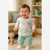 بلوز شلوار نوزادی طرح شکوفه و قلب | لباس راحتی دخترانه پنبه ای